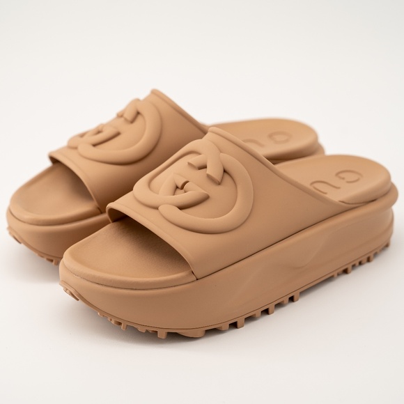 size 37G 7 US Gucci Brown Interlocking G Rubber Slide Sandals  Platform GG logo - Picture 1 of 10